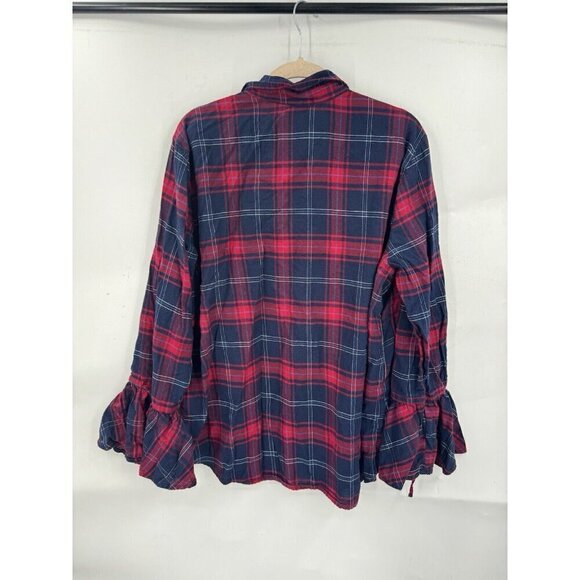 Time & True Blouse Women XXL Red Plaid Flare Bell Sleeve Bohemian Holiday - Picture 2 of 9